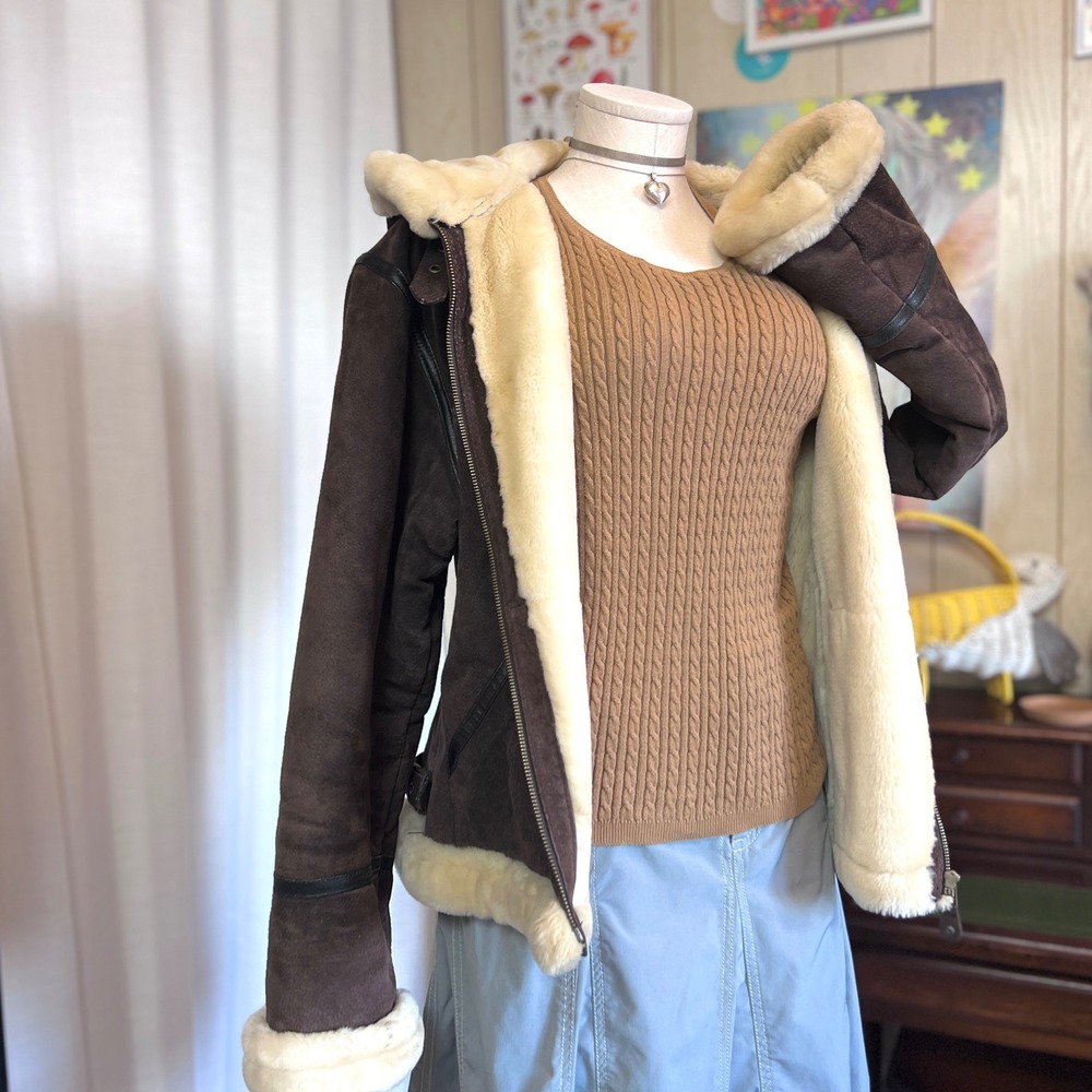 Baby Phat Brown Leather Faux Fur Lined Zip Up Hood Jacket Buckle Collar Womens L - Picture 4 of 12